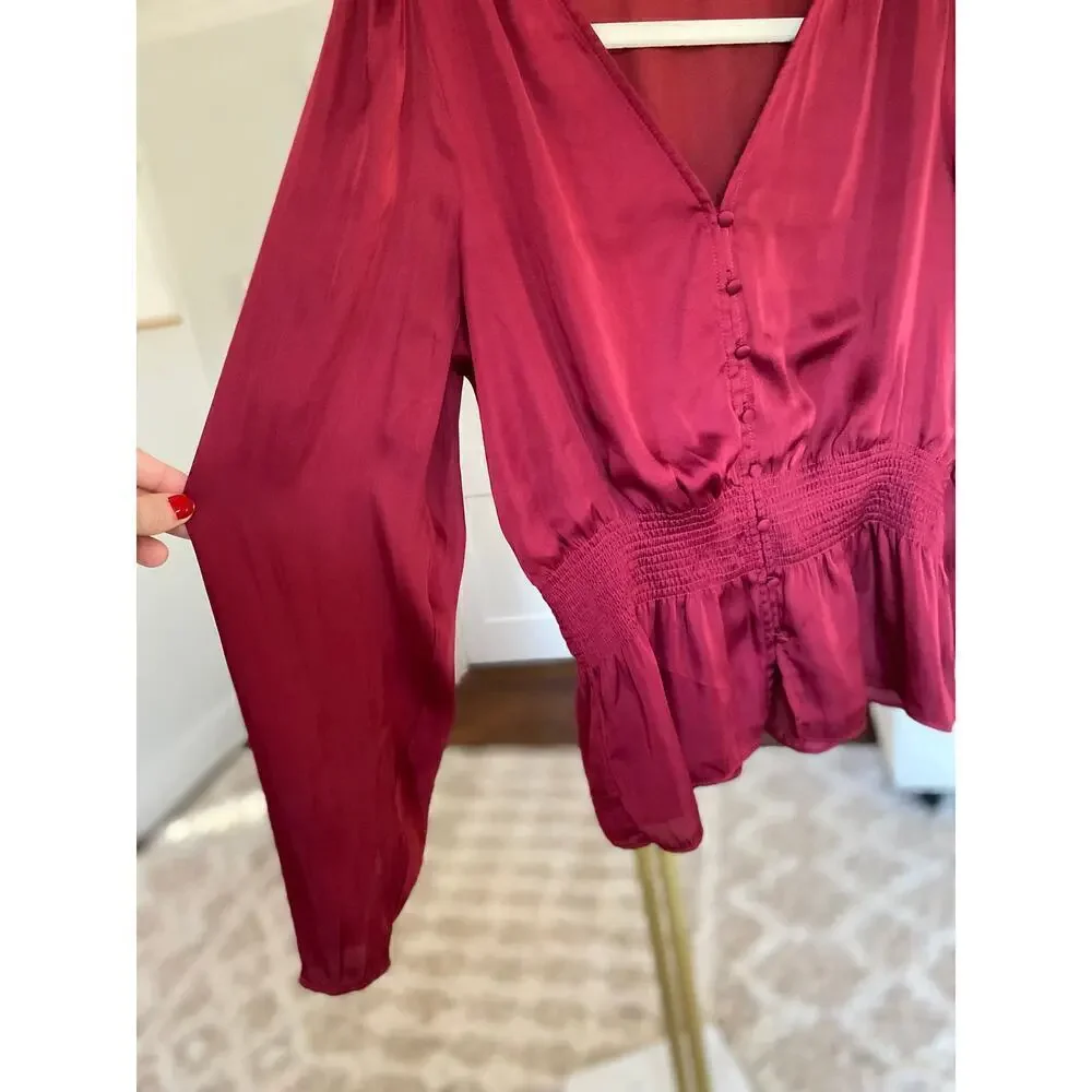 Banana Republic Satin Peplum Blouse Smocked Feminine Quiet Luxury Glam Parisian
